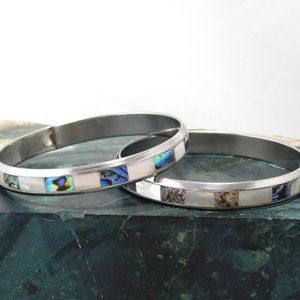 SOLD-----Mexican Bangle Bracelets Silver Abalone Shell MOP 7-3/4" Lot of 2 Y04